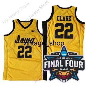 Vin 2023 Dames Final Four 4 Jersey Iowa Hawkeyes Basketbal NCAA College Caitlin Clark Maat S-3XL Alle gestikt Jeugd Heren Wit Geel Ronde V-kleur Volwassen