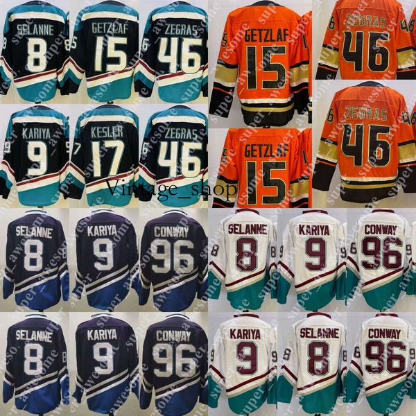 Vin 46 Trevor Zegras Jersey 15 Ryan Getzlaf 17 Ryan Kesler 8 Teemu Selanne 9 Paul Kariya 96 Charlie Conway Hockey Jerseys Black Orange Purp