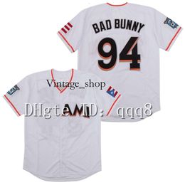 Vin Top Quality 1 Maimi Bad Bunny Baseball Jersey White avec Porto Rico Flag Full Centred Shirt Taille S-4XL