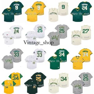 Vin Vintage Baseball Jersey 9 Reggie Jackson 24 Rickey Henderson Mark 25 McGwire 33 Jose Canseco 27 Catfish Hunter 34 Rollie Fingers Green Gray