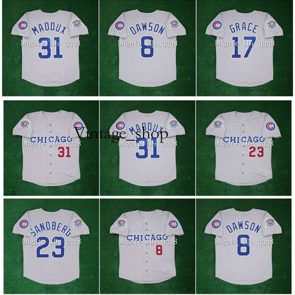 Vin Vintage Baseball Jerseys Greg 31 Maddux 23 Ryne Sandberg 8 Andre Dawson 17 Mark Grace 1990 All Star Patch Gray Jersey