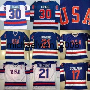 Vin Weng 1980 Miracle on Ice Hockey Jersey # 17 Jack O'Callahan # 21 Mike Eruzione # 30 Jim Craig Mentime à 100% Centred USA Hockey Jerseys Blue