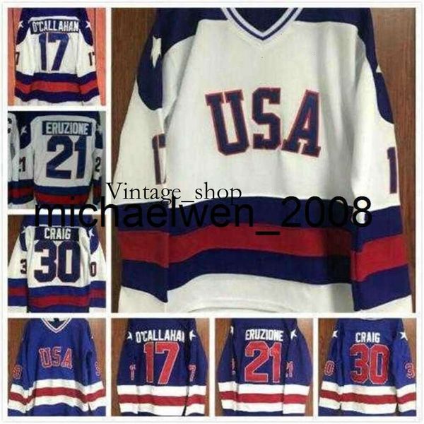 Vin Weng 1980 Team USA Miracle on Ice 17 Jack O'Callahan 21 Mike Eruzione 80 Miracle 30 Jim Craig 9 Neal Broten Blue Blue White Ice Hockey Jersey Vintage