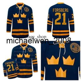 Vin Weng # 21 Peter Forsberg Jersey Team Sweden Ice Hockey Jerseys brodé 100% Blue Stuthed Custom Oour Numéro