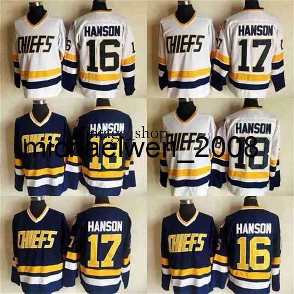 Vin Weng Slap Shot Movie Charlestown 18 Jeff Hanson 17 Steve Hanson 16 Jack Hanson Hockey Jersey Bleu Bleu Cousée