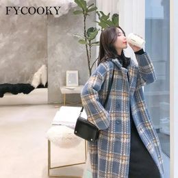 Vinage Plaid laine mélange manteau femmes automne hiver coréen lâche épais Long tricoté pull vestes surdimensionné S-3XL 240103