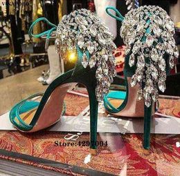 Vinapobo Nieuw design Crystal Rhinestone Fringe Dames Sandalen Fashion Green Patroon Leer Open teen Stiletto Heels Ladies Shoes220513