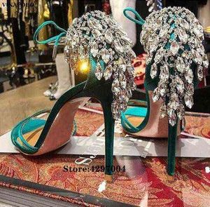 Vinapobo Nieuw design Crystal Rhinestone Fringe Dames Sandalen Fashion Green Patroon Leer Open teen Stiletto Heels Ladies Shoes220513