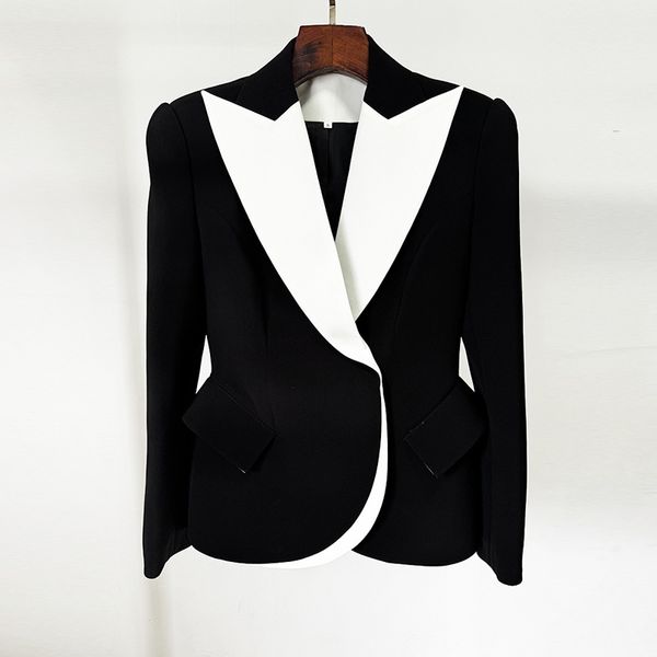 Vinatge 2024 Fashion Black Neck Neck Manches longues Patchwork Buttes couvertes Slim Fit Femmes Jacket High End Coats 52825