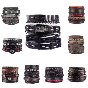 Vinatge Punk conjunto de pulsera de cuero multicapa alas de ojo estrella encantos pulseras de cuentas para hombre joyería gótica de fiesta pulsera envolvente Punk