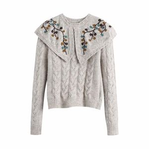 Vinatge vrouw grijze zachte borduurwerk truien herfst winter mode dames sjaal kraag vrouwelijke elegante warme knitwear 210515