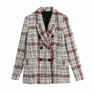 Vinatge vrouw plaid patchwork getextureerde blazer jas lente mode dames slanke tweed bovenkleding vrouwelijke elegante jassen 210515