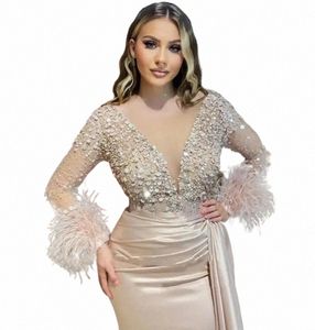 Vinca Sunny Champagne Femmes Soirée Dres Sparkling Perle Chaîne Dentelle Col En V Sirène Lg Manches Bal Robes de fiesta e9o2 #