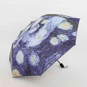 Vincent van Gogh peinture à l'huile nuit étoilée trois parapluie pliant 8 côtes cadre résistant au vent pour femmes hommes enfants 210320