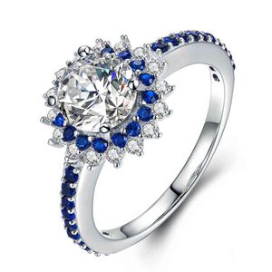 Vinci Mode-sieraden 925 Sterling Sier Ronde Shape White Zirkoon met Blue Zirkoon Ring