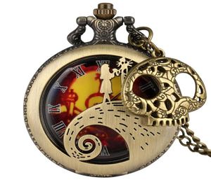 Vine Antique montre creux Case le cauchemar avant Noël Unisexe Quartz Analog Pocket Watchs Skull Accessory Collier Chai9834488