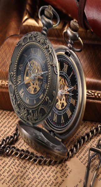 Vine Mechanical Pocket Fob Collier montre Steampunk Men Bronze Skeleton Antique Pocket Fob Watches Chain Clock9139670