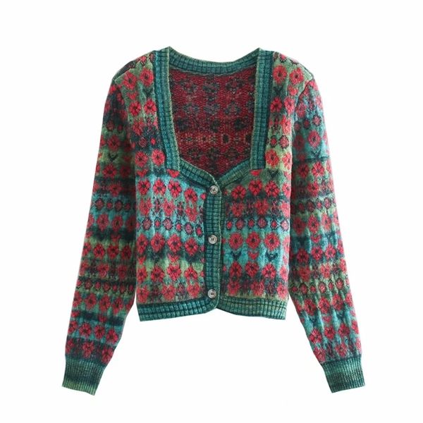 Vingate vert Jacquard recadrée tricoté Cardigan pull femmes automne mode col carré à manches longues dames Cardigans haut 210519