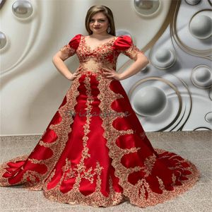 Vintaeg Marokkaanse Arabische avondjurk met afneembare trein 2023 Red Mermaid Prom jurk Turkije Satijn Lace 2 in 1 Robe de Mariee Vestidos de Noche Dubai Abaya Chic