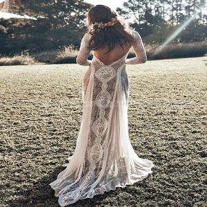 Vintage Jurken Jurken Kant Backless Boho Strand Bruiloft Lange mouw Naakt Voering Country Bohemian Hippie Gypsy Bride269R