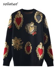 Vintag haute qualité noël pull tricoté automne hiver pull bijou coeur Lurex Jacquard tricots coréen pull ample C-025