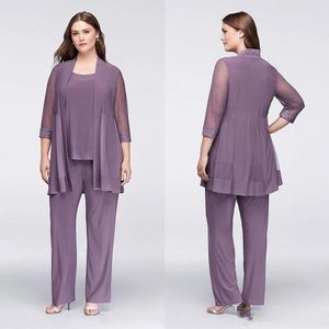 Vintage drie stukken Moeder van de bruid broek pakken met jassen plus size chiffon moeders bruidegom jurken met pailletten BC2663