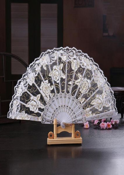 Vintage 10 Colores disponibles Hands Fans Fan Fan Bone Bamboo Hand Rose Lace Boda Fans de boda Arts and Crafts Favores de boda Regalo CHE7067638