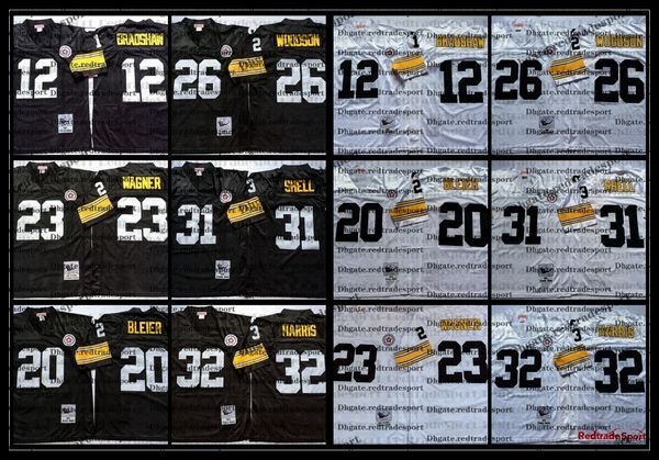 Vintage 12 Terry Bradshaw 20 Maillots de football Rocky Bleier 23 Mike Wagner Rod Woodson Donnie Shell Franco Harris Jersey Broderie Chemises cousues noires