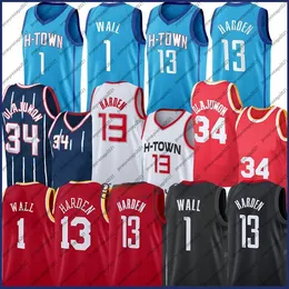 Vintage 13 Harden John 1 Wall Basketball Jersey Hakeem 34 Olajuwon 2021 Nieuwe Jerseys 100% gestikte maat S-2XL