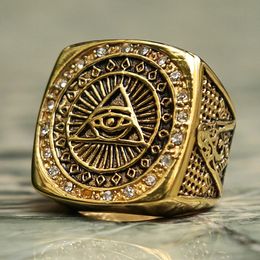 Vintage 14K Gold Heavy All Seeing Eye Ring for Men Crystal Gold Color Mason Masonic Punk Male Ring Fashion Bijoux Gift