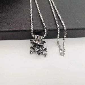 Collier Vintage avec pendentif tête de mort et chapeau en or blanc 14 carats pour hommes, mode hip hop punk, collier squelette