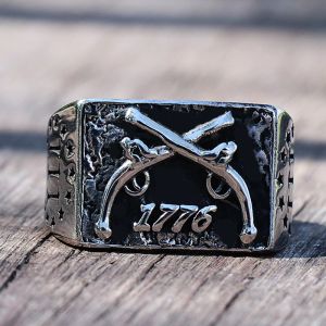 Vintage 1776 Journée indépendante Anneau Heavy Sugar 14K Men de cow-boy en or blanc Bonnes Double Guns Punk Gothic Ring Mens Biker Bijoux