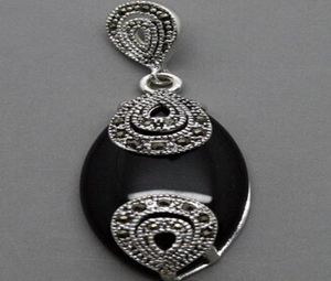 Vintage 18mmx40mm Marcasite Black Agates 925 Sterling Silver Drop Pendant2946277