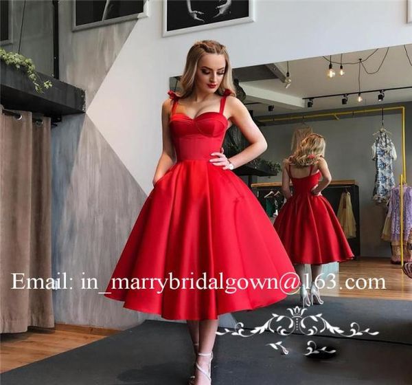 vintage années 1950 rétro rouge noir robe de bal satin une ligne sexy spaghetti sangle longueur de thé robe de soirée courte robes de soirée formelles pocke1739958