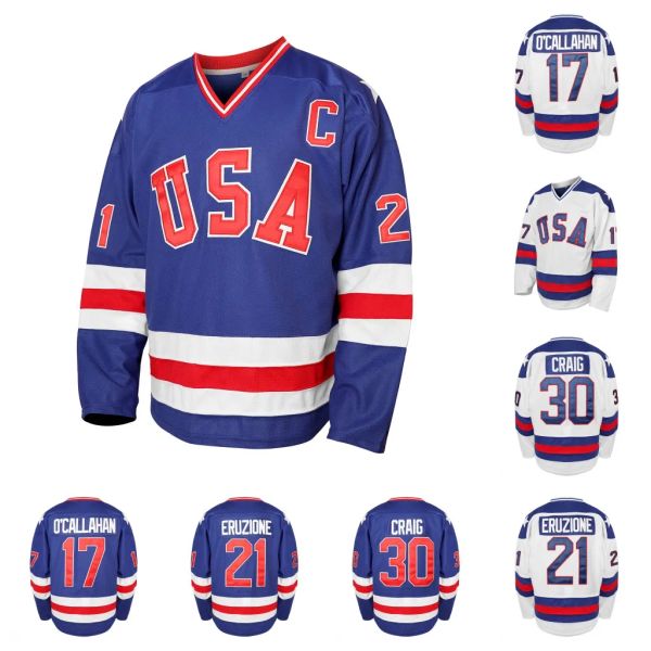 Maillots de hockey de l'équipe américaine vintage 1980 21 Mike Eruzione 30 Jim Craig 17 Jack Ocallahan Numéro de nom à double couture EN STOCK 15