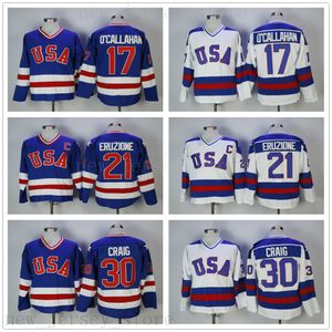 Vintage 1980 USA Ice Hockey 21 Mike Eruzione Jerseys Mens College 17 Jack Ocallahan 30 Jim Craig Stitched Team Kleur blauw weg Wit Jersey