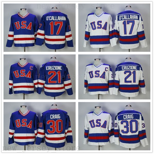 Vintage 1980 USA Hockey sur glace 21 Mike Eruzione Maillots Mens College 17 Jack Ocallahan 30 Jim Craig Cousu Équipe Couleur Bleu Extérieur Maillot Blanc