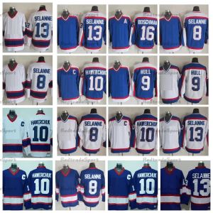 Vintage 1992 Bobby Hull 9 maillots de hockey 13 8 Teemu Selanne 10 Dale Hawerchuk 16 Laurie Boschman bleu blanc cousu maillot hommes M-XXXL