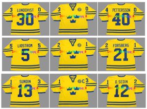 Vintage 2002 Equipo Suecia Jerseys de hockey 30 HENRIK LUNDQVIST 13 MATS SUNDIN 21 PETER FORSBERG 11 DANIEL ALFREDSSON 22 HENRIK SEDIN NICKLAS LIDSTROM Tamaño personalizado S-4XL