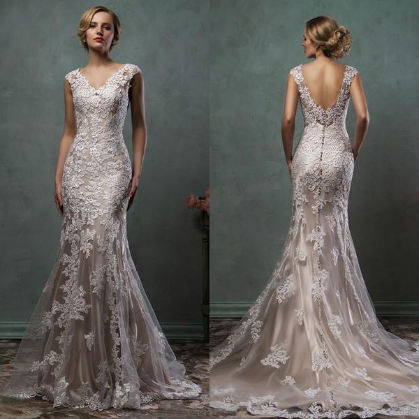 Amelia Sposa – robe de mariée sirène en dentelle, Vintage, avec des Appliques, col en v, traîne chapelle, grande taille, robes de soirée de mariée, 2024