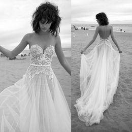 Vintage 2019 robes de mariée de plage dos nu col transparent sexy dentelle appliques robes de mariée sans manches balayage train tulle une ligne robe de mariée