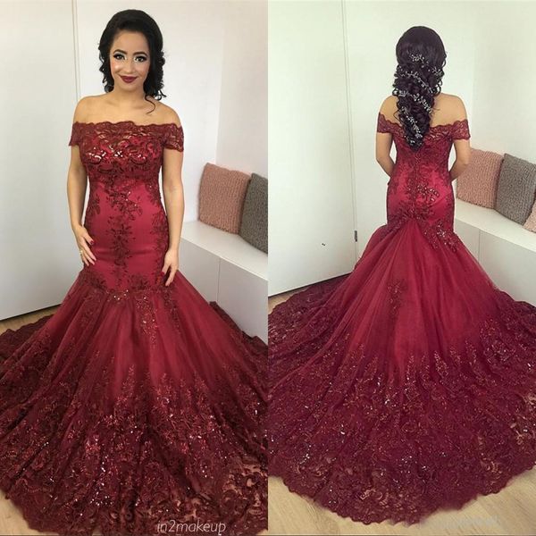 Vintage 2019 Borgoña fuera del hombro Sirena Vestidos de novia Largo Bling Bling Lentejuelas Encaje Apliques Tallas grandes Vestidos de novia personalizados EN6304