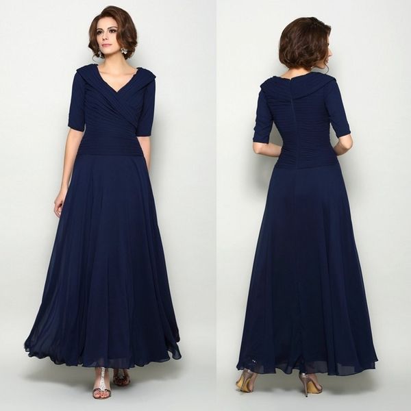 Robes mère de la mariée bleu marine foncé, grande taille, pour mariages, longueur cheville, demi-manches, plis, vêtements de cérémonie pour mère du marié