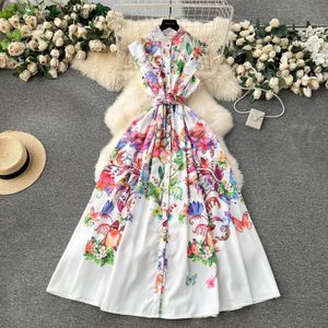 Casual jurken Runway zomer vakantie prachtige bloem lange jurk dames opstaande mouwloze riem met enkele rij knopen bloemenprint lange vestidos 2024