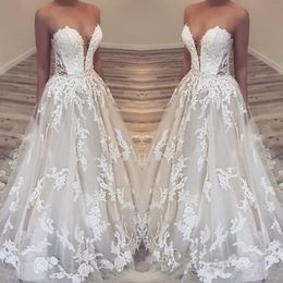 vintage a line beach wedding dresses sweetheart lace appliqued tulle bridal gown sweep train country plus size robe de mariee