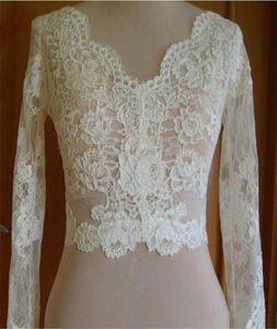 Vintage 2019 Boléro De Mariée Vestes Blanc Ivoire Mariage Top Dentelle Manches Longues Festonné Col En V Personnalisé Plus Taille Accessoires De Mariée1743962