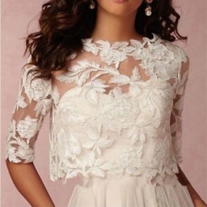 Vintage 2019 Wedding Wrap White Ivory Bolero Bridal Jackets Jewel Neck Half Sleeve Top Leaves Lace BHLDN Plus Size Wedding Jacket2621