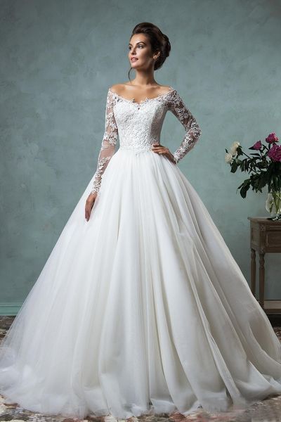 Vintage 2020 Amelia Sposa vestidos de novia de manga larga con cuello en V apliques de encaje vestidos de novia de boda vestido de fiesta 193i