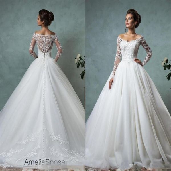 Vintage 2020 Amelia Sposa robes de mariée à manches longues col en v Appliques dentelle mariage robes de mariée robe de soirée296c