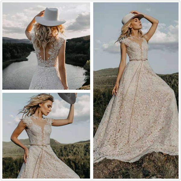 Vintage 2020 plage dentelle Boho une ligne robe De mariée élégant Tulle Appliques à manches courtes bohême robes De mariée Vestido De Noiva